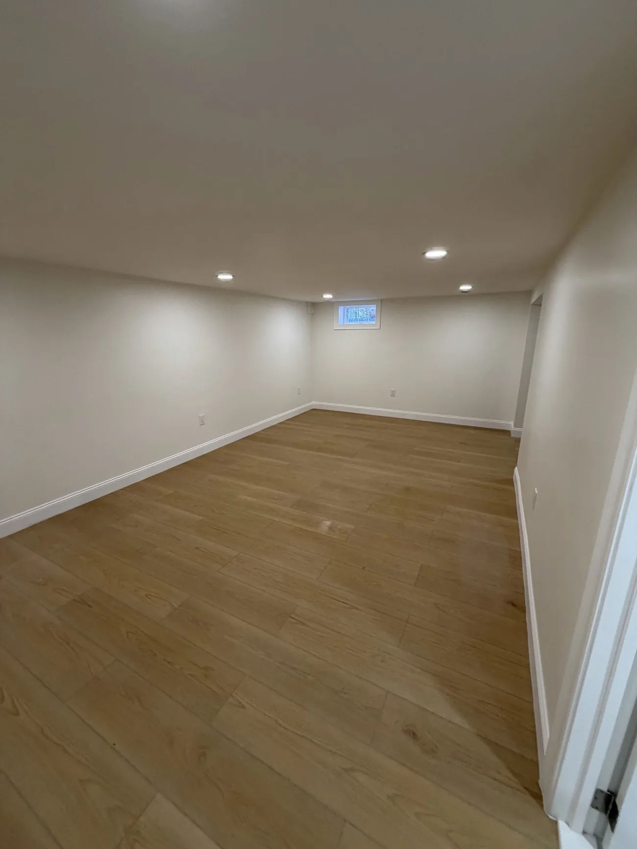 Finished basement room with wood flooring